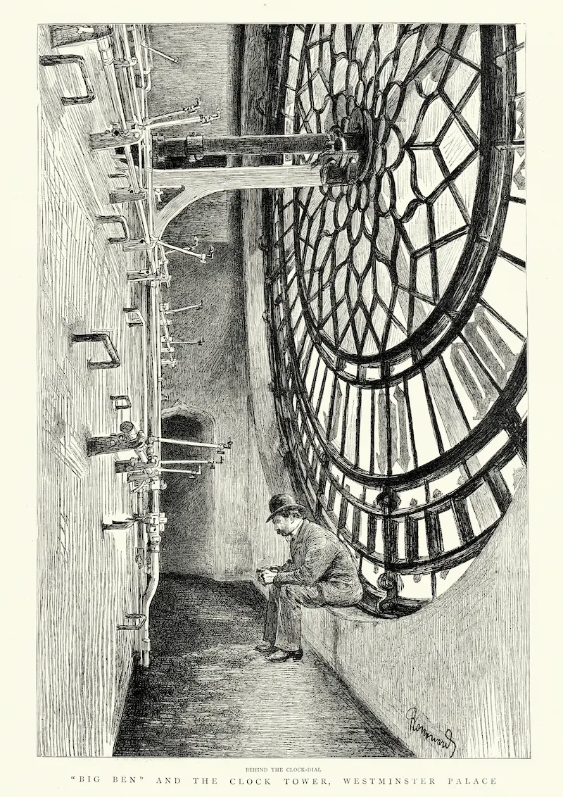 Vintage engraving of the Bell Big Ben in the Clock Tower of Westminster, London, England. The Graphic, 1887. iStock:Credit Duncan1890